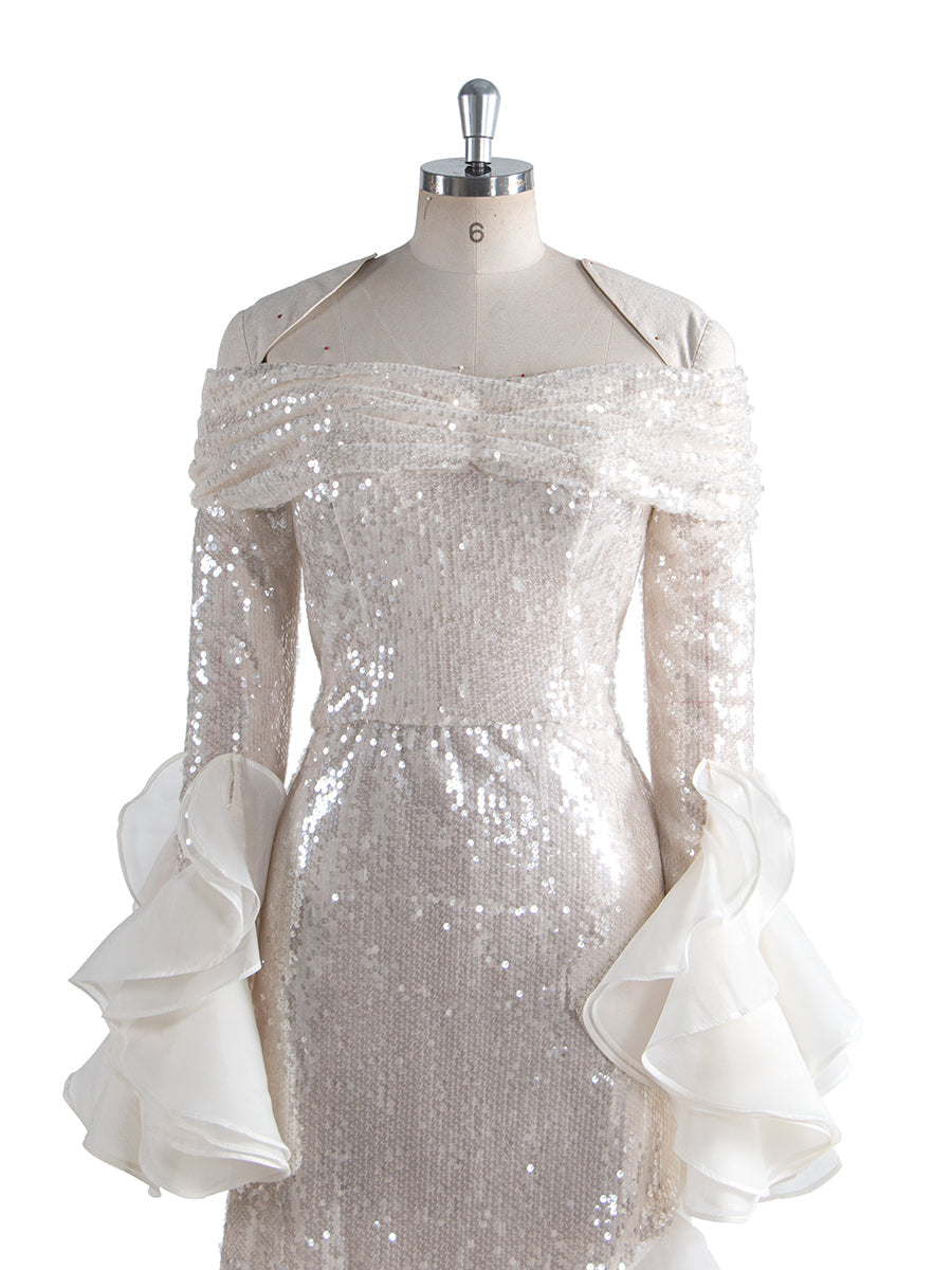 Mode Glänzende Pailletten Prom Party Kleid Langarm Off Schulter Asymmetrische Party Kleid YW250020 