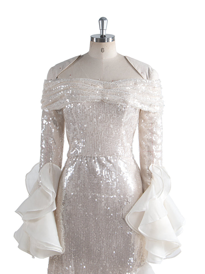 Mode Glänzende Pailletten Prom Party Kleid Langarm Off Schulter Asymmetrische Party Kleid YW250020 