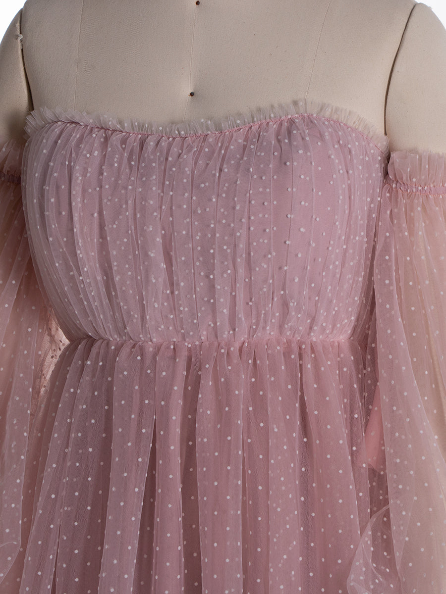 Off Shoulder, Polka Dot, Tulle Maternity Photo Shoot Dress, Elastic Waist Photography Props 
