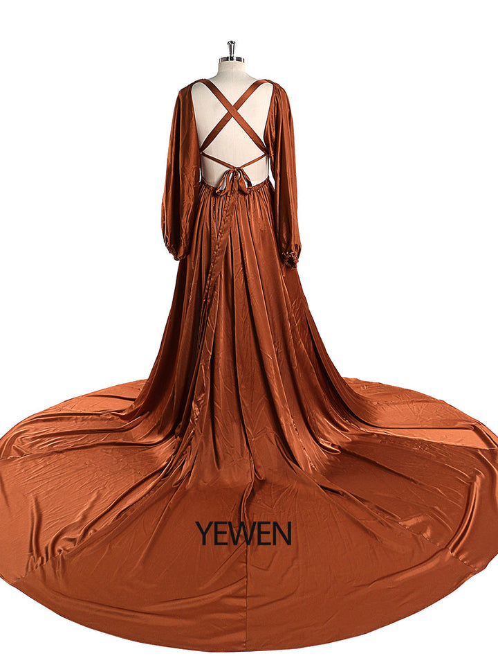 Leichtes Seidensatin-Ballkleid, Bohemian-Hochzeitspartykleid mit Schlitz, Fotografie-Kleid, Maxi-Damenkleid, YEWEN YD22407 