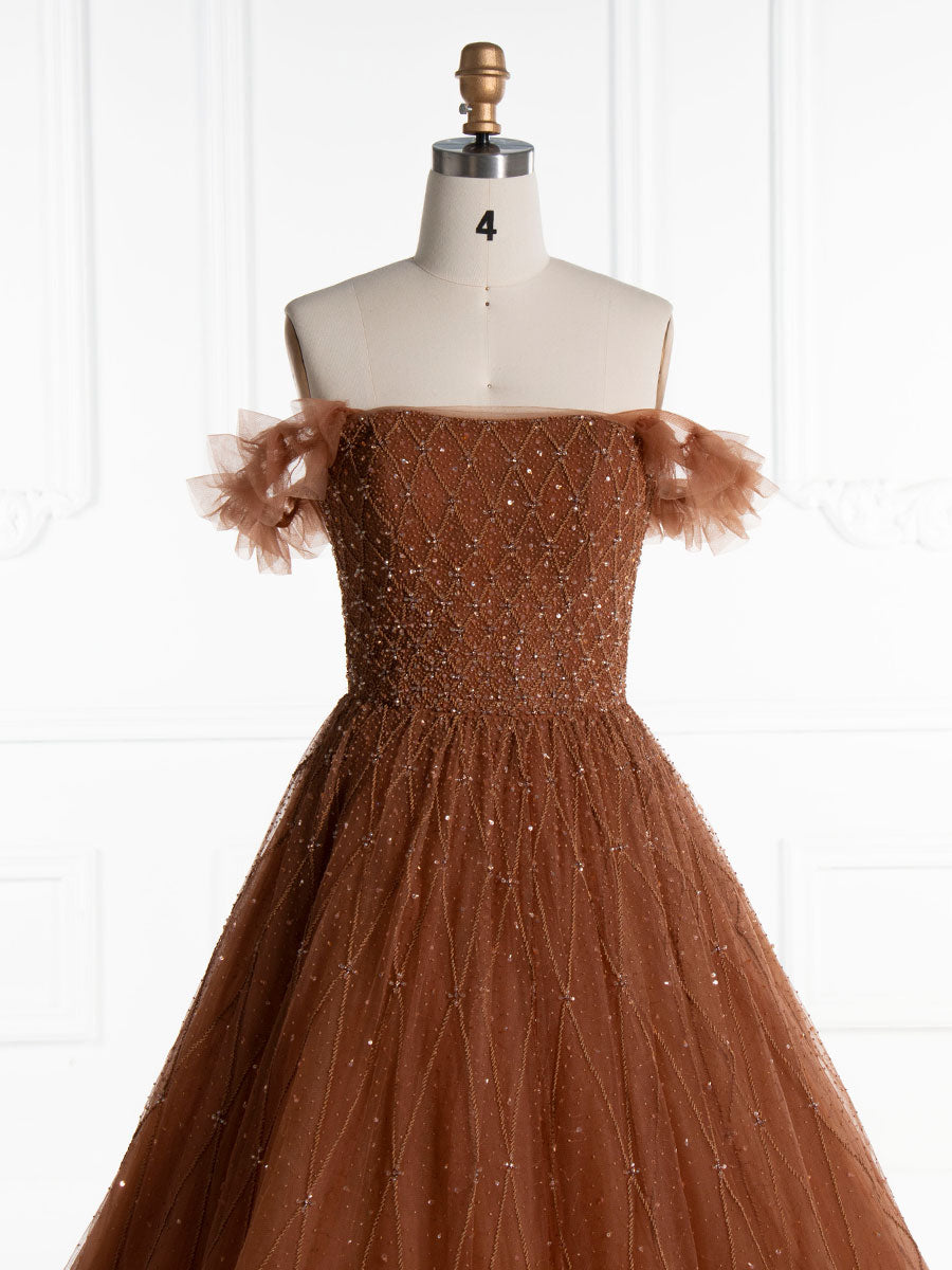 Dunkel Champagner A-Linie trägerloses Luxus Abendkleid mit Perlenbesatz YE2555 