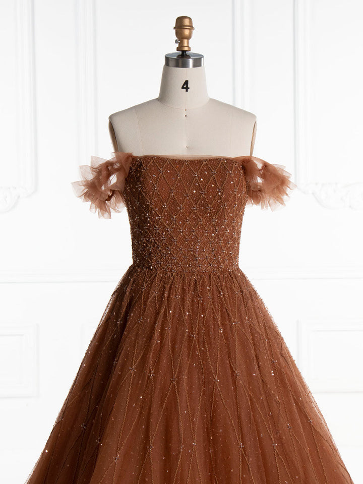 Dunkel Champagner A-Linie trägerloses Luxus Abendkleid mit Perlenbesatz YE2555 