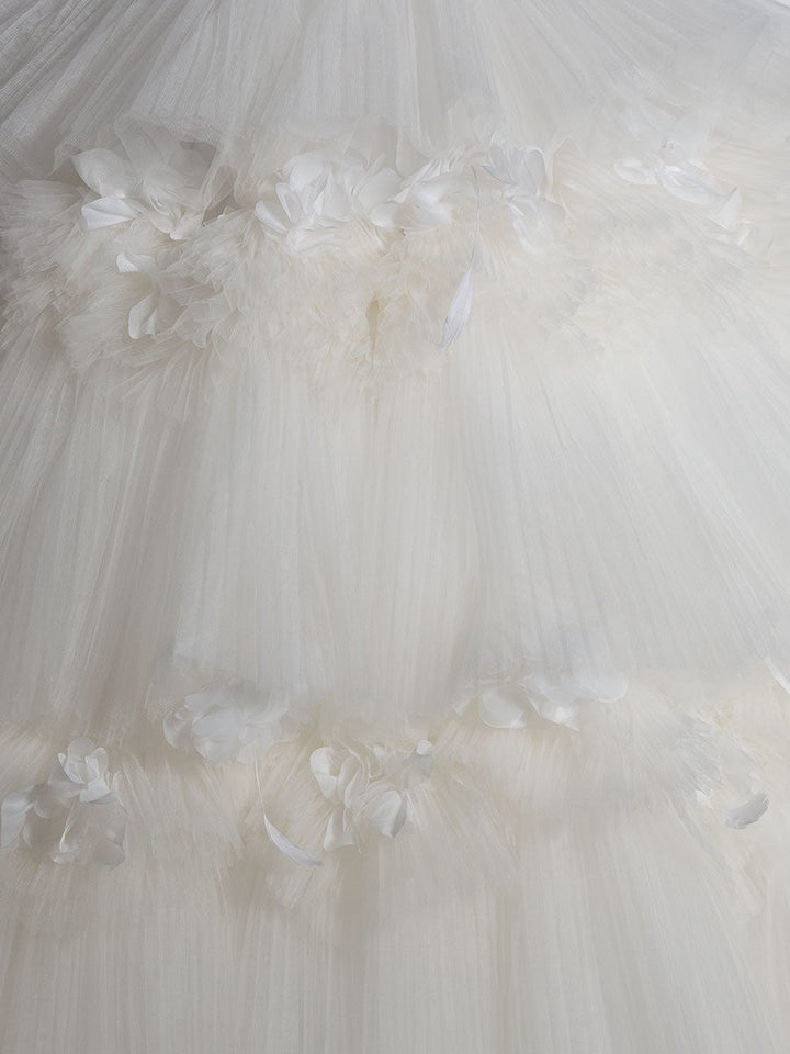 Off Shoulder , Floor Length, Layered Ruffles, Ball Gown Elegant Wedding Dress