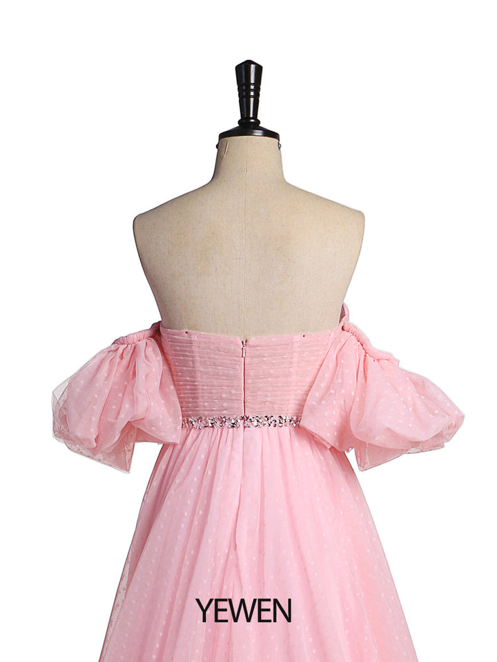 Plus Size Off Shoulder Puffärmel Polka Dot Rosa Ballkleid Fotoshooting-Kleid