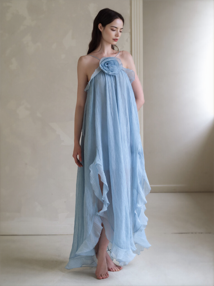 Neckholder-Maxikleid mit Rüschen, 3D-Blumen-Chiffon, Boho-Strandkleid, gerafftes Kleid, Flitterwochen-Maxikleid 