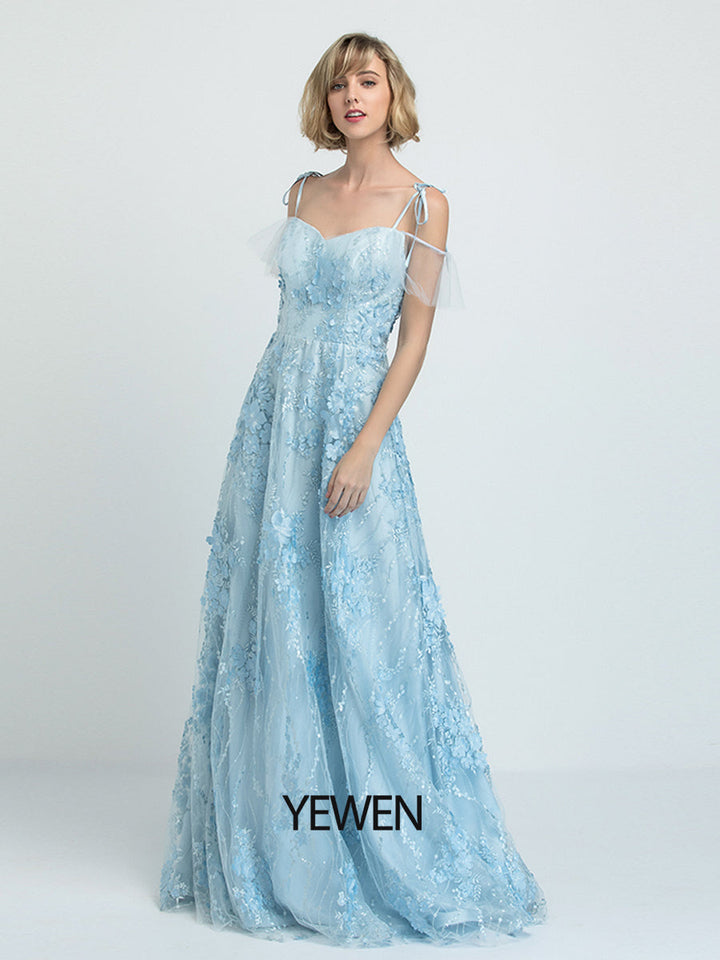 Blaues Ballkleid mit herzförmigem Ausschnitt und Blumenmuster, bodenlanges Tüllkleid 2024 