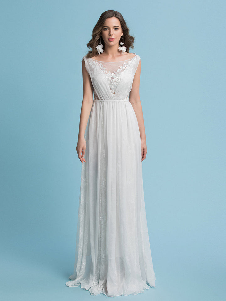Bodenlanges Brautkleid aus Chiffon mit Blumenmuster und Spitze und Schleppe 