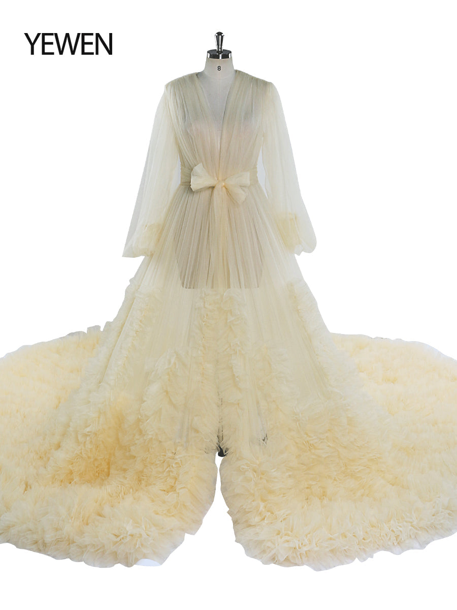 Rüschen Farbige Brautkleider Lange Schleppe Foto-Shooting Kleid Requisiten YW2115 