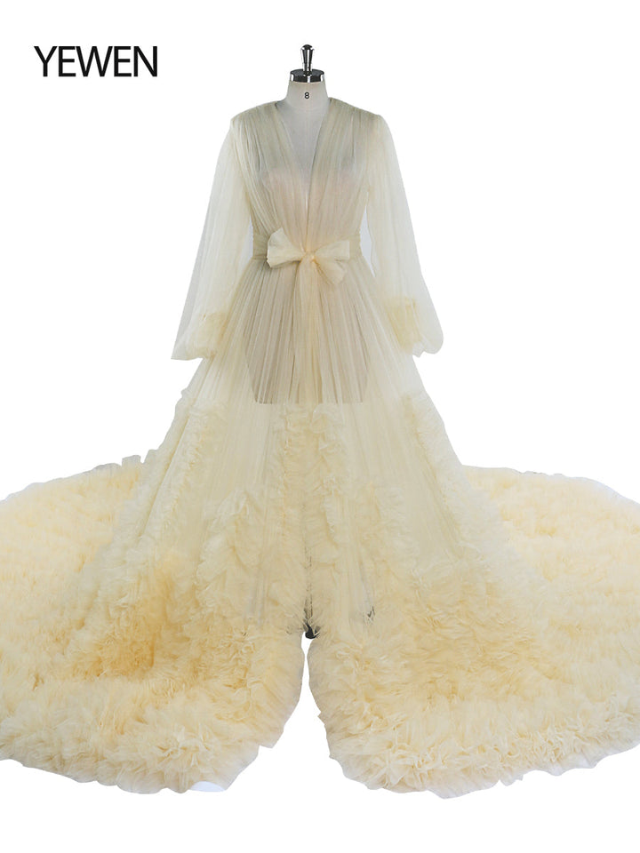 Rüschen Farbige Brautkleider Lange Schleppe Foto-Shooting Kleid Requisiten YW2115 