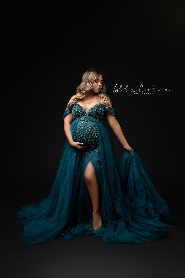 Perlenbesetztes Umstandskleid mit V-Ausschnitt für Fotoshootings, elegantes ärmelloses Maxikleid, Fotografie-Kleid 