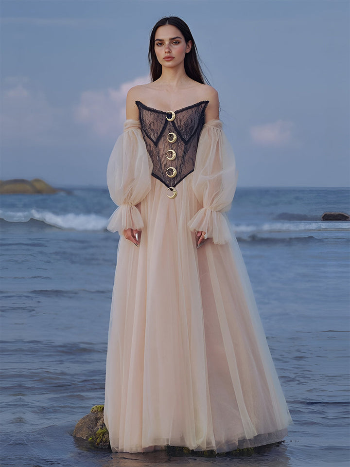A-Linie Ballkleid Korsett Taille Mesh Spitze Bodenlanges Kleid Fotoshooting Kleid 