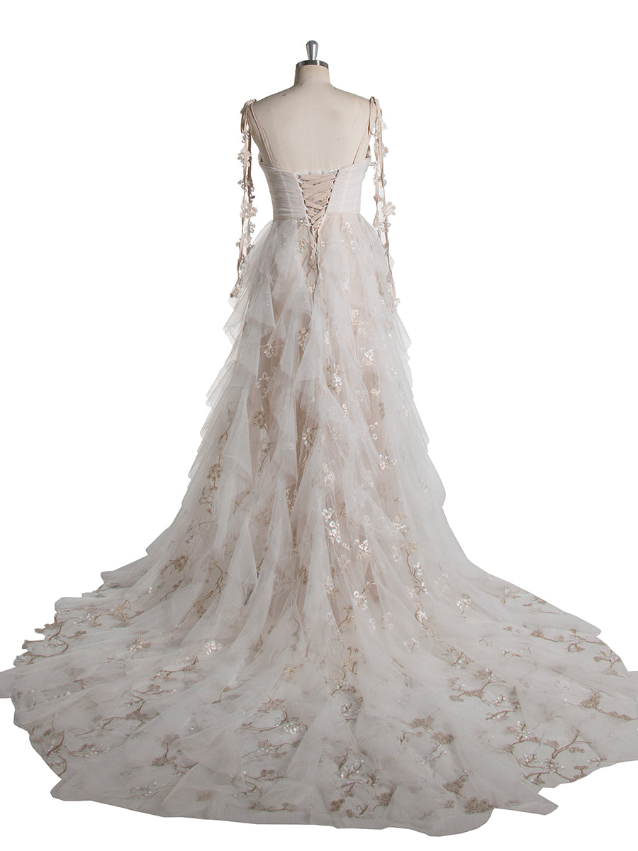 Farbige Spitze Kathedrale Brautkleider Romantische Wald Brautkleid Boho Fotoshooting Kleid YW240059 
