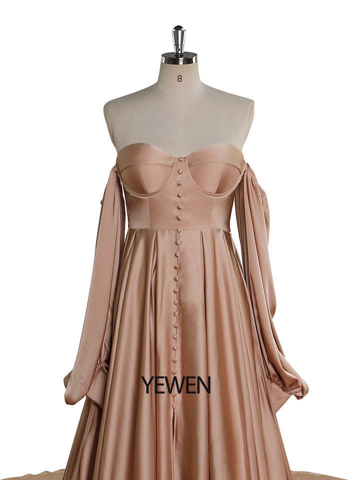 A-Linie Satin Brautkleid mit Schnürung am Rücken und langen Ärmeln, Kleider für Fotoshootings YW220928 
