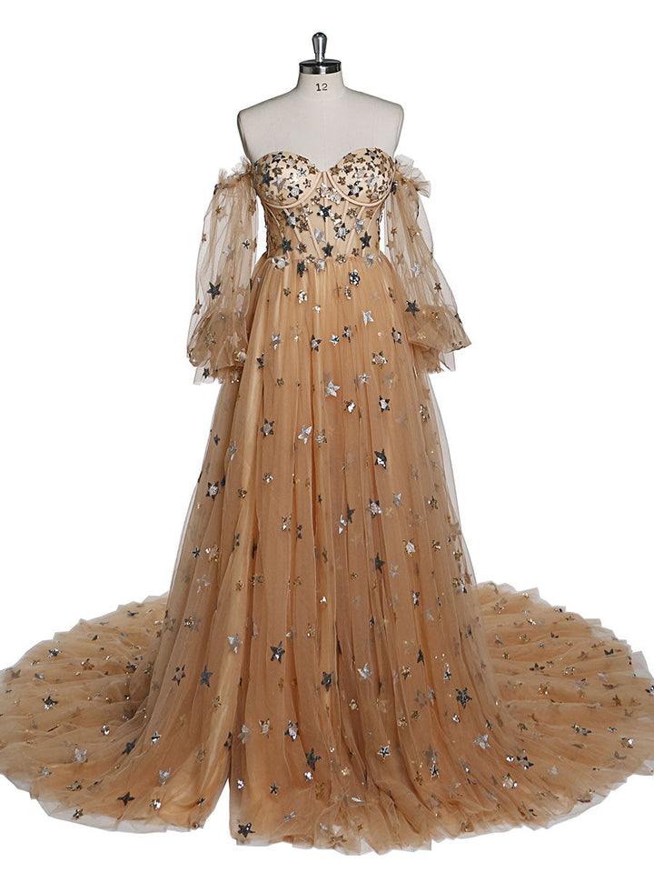 Abendkleid mit funkelnden Sternen, lang, abnehmbare Ärmel, formelles Partykleid, Fotoshooting-Kleid, Übergröße, YW220311 
