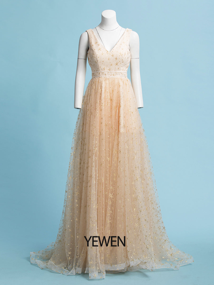 A-Linie Glitzerndes Abendkleid für Hochzeitsgäste, V-Ausschnitt, ärmellos, bodenlang, Tüll mit Sternen 