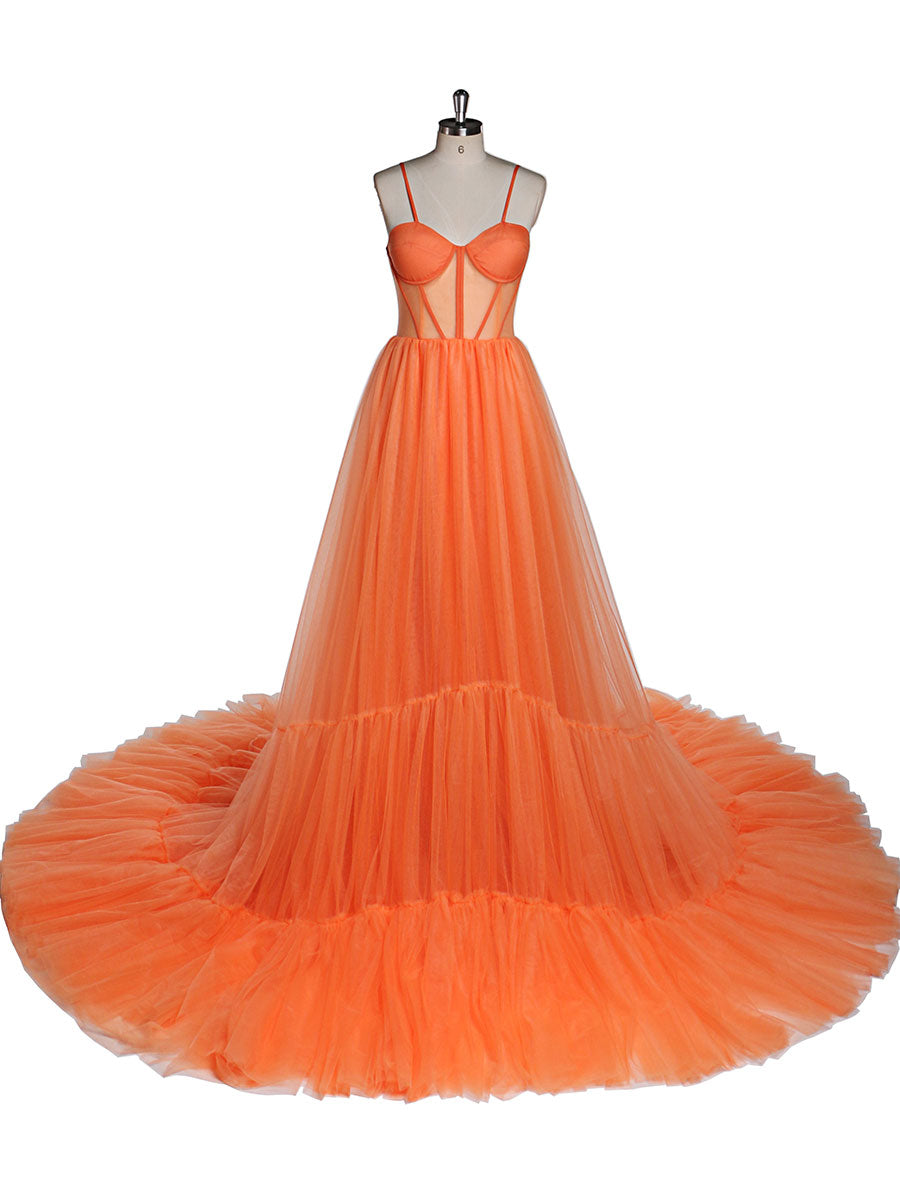 Oranges Tüll Abendkleid Lang Damen Formales Abschlussballkleid Flauschiges Maxi Fotoshootingkleid Hochzeitsgästekleid YEWEN 