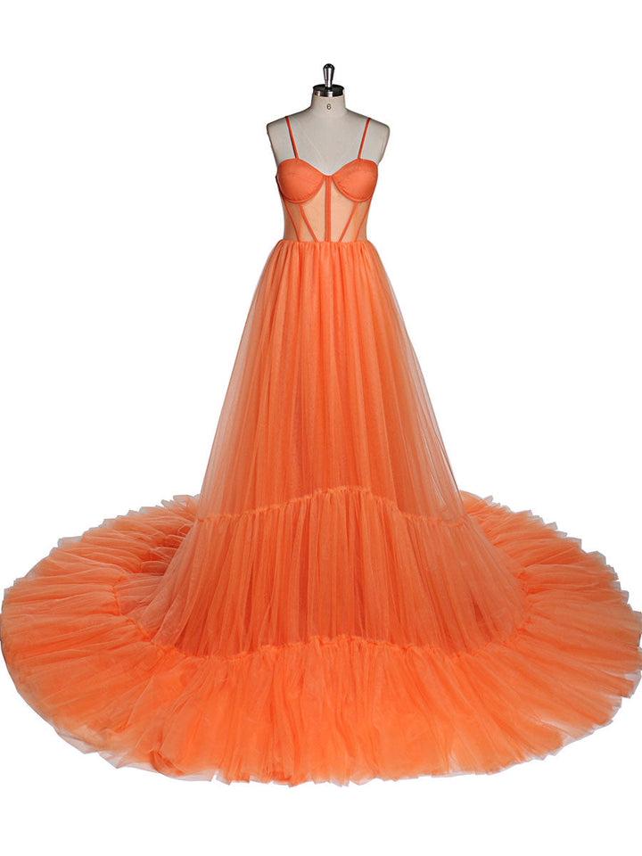 Oranges Tüll Abendkleid Lang Damen Formales Abschlussballkleid Flauschiges Maxi Fotoshootingkleid Hochzeitsgästekleid YEWEN 