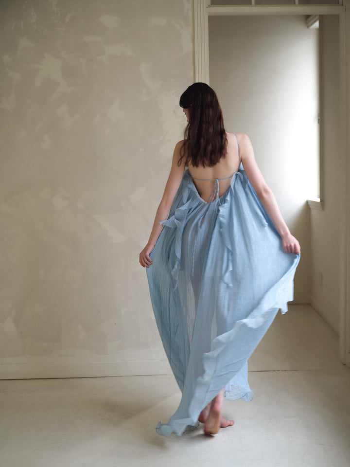 Neckholder-Maxikleid mit Rüschen, 3D-Blumen-Chiffon, Boho-Strandkleid, gerafftes Kleid, Flitterwochen-Maxikleid 