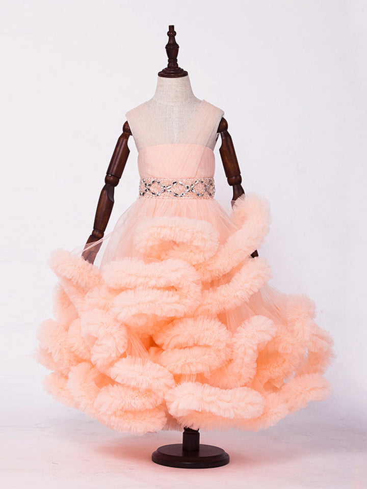 Ärmelloses Blumenmädchenkleid mit V-Ausschnitt und Rüschen