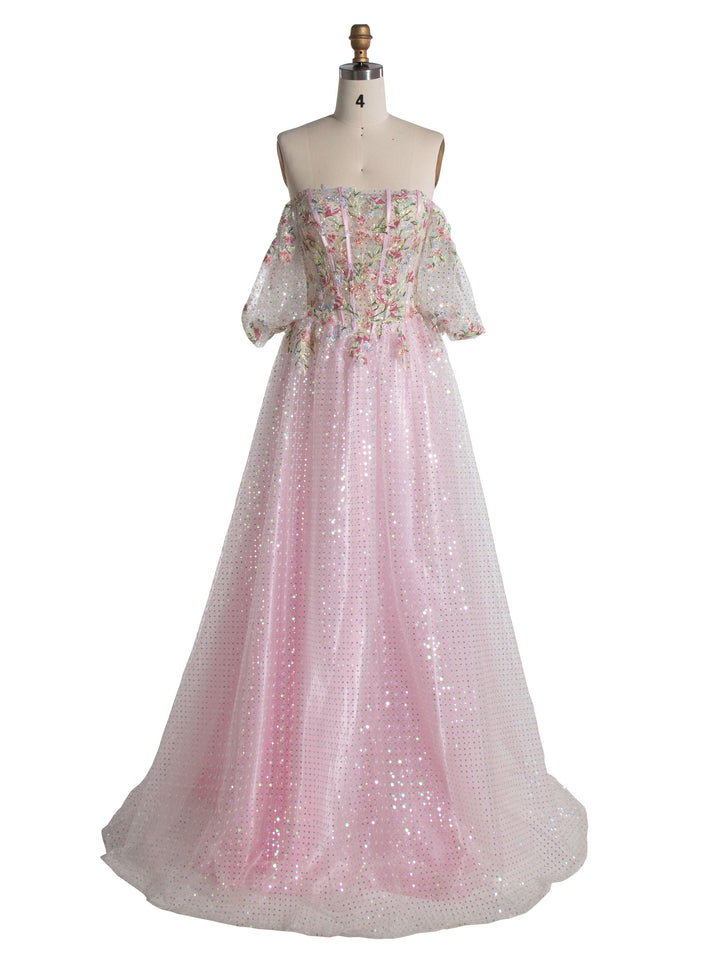 A-Linie Trägerlos Bodenlang Rosa Pailletten Ballkleider Mit Stickerei Spitze YE3002 