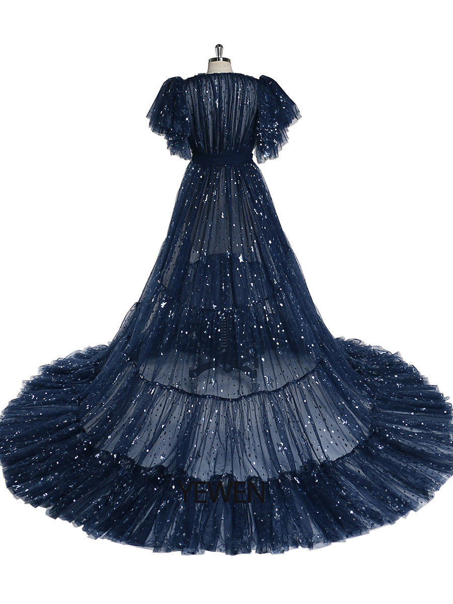 Marineblaues, funkelndes Abendkleid, lang, vorne offen, Rüschenärmel, Fotoshooting-Kleid, kurze Schleppe, Umstandskleid für Babyparty 