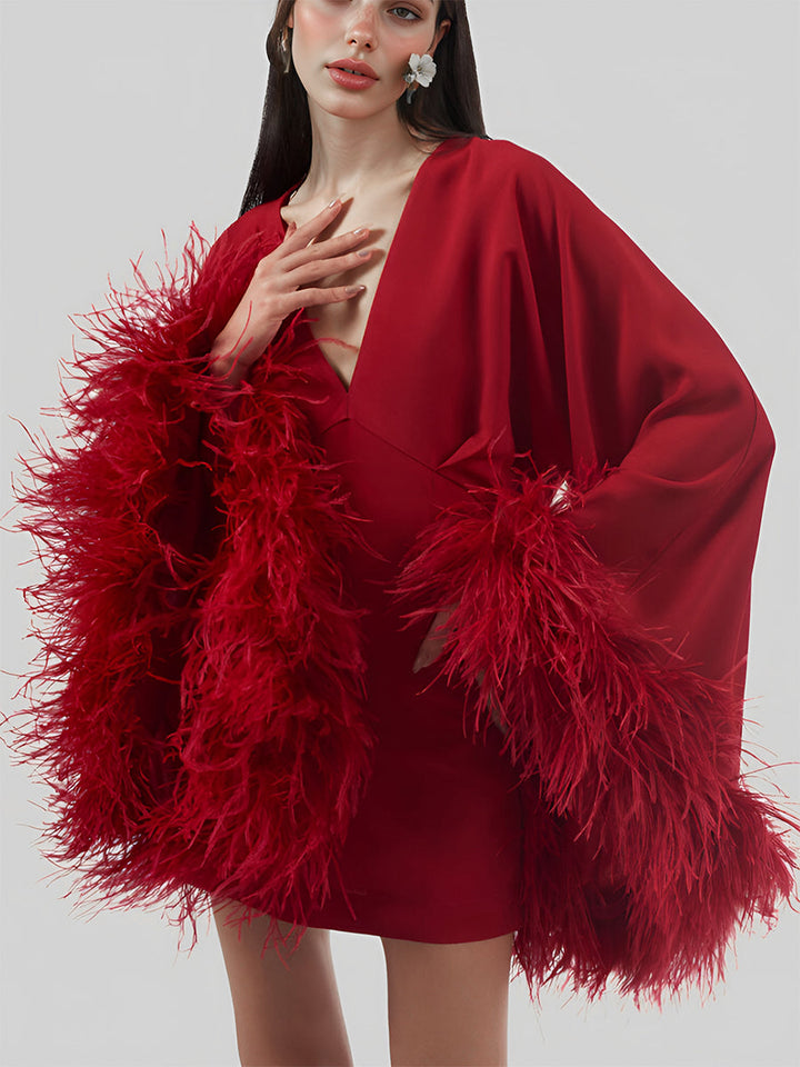 Damen Sexy Doppelter tiefer V-Ausschnitt Lange Ärmel Mit Federn Minikleid Gatsby Cocktail Club Party Kleider 
