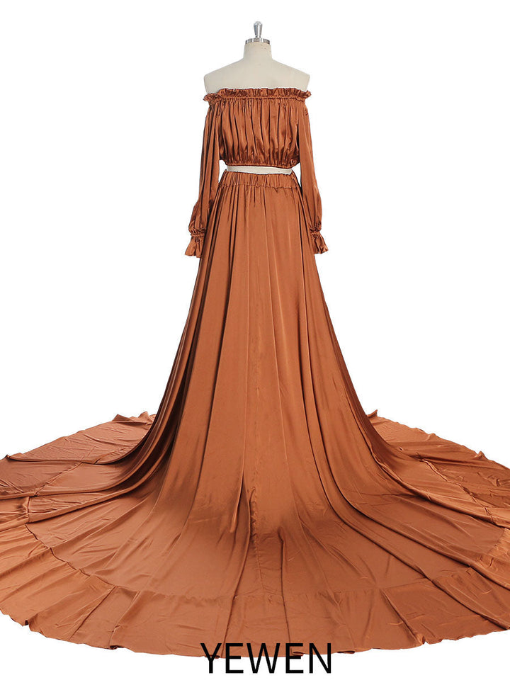 Weiches schulterfreies Satin-Umstands-/Nicht-Umstandskleid für Fotoshootings, Fotokleider mit Seitenschlitz, ausgefallene Foto-Requisiten, YEWEN YD21801-1
