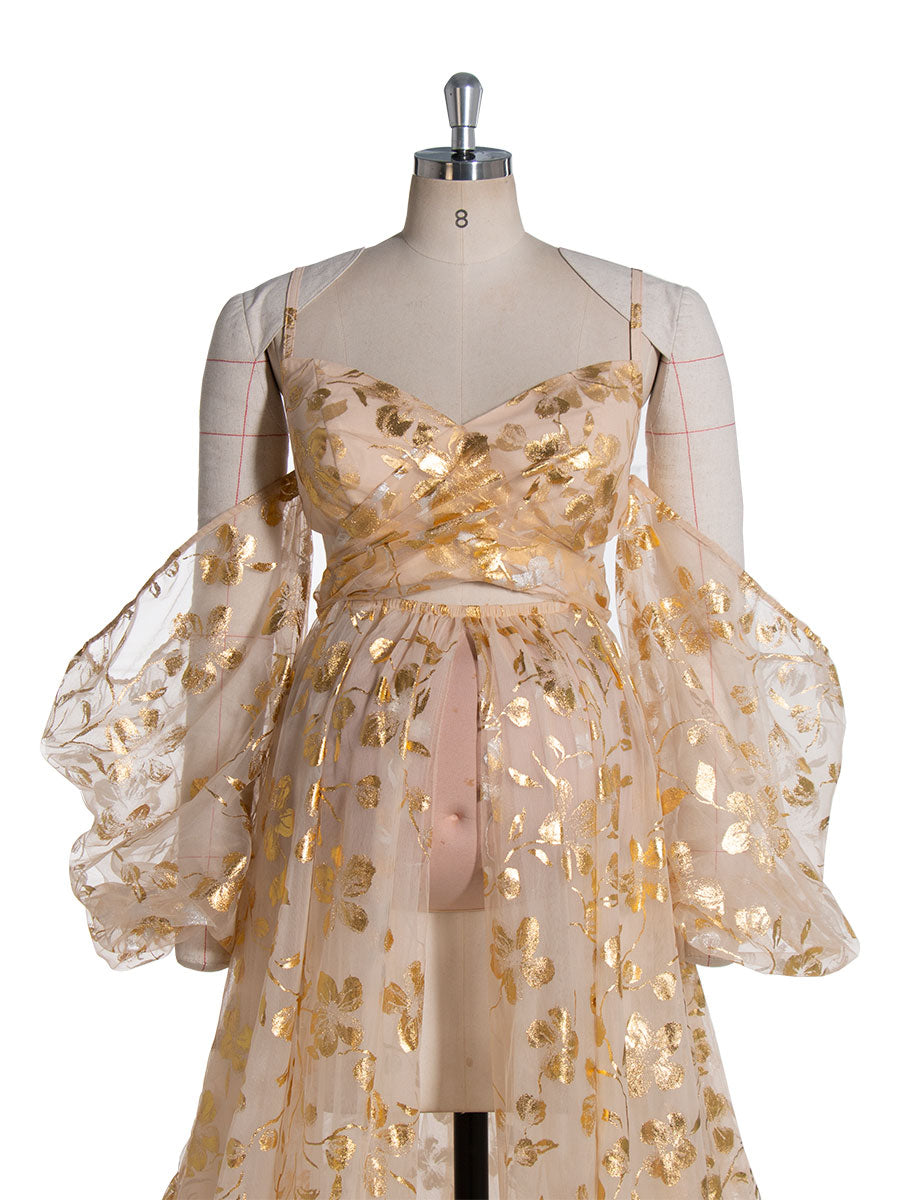 Stunning Gold ,Tulle Dress with Long Train Maternity Shoot Pregnancy Dresses for Photo Shoots 