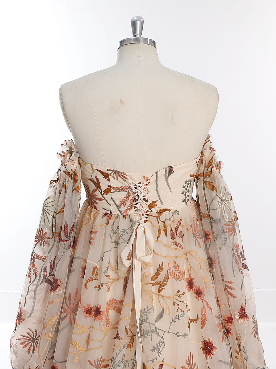 Schulterfreies Langarm-Stickerei-Spitzen-Brautkleid mit farbigem Fotoshooting-Kleid YW230320 