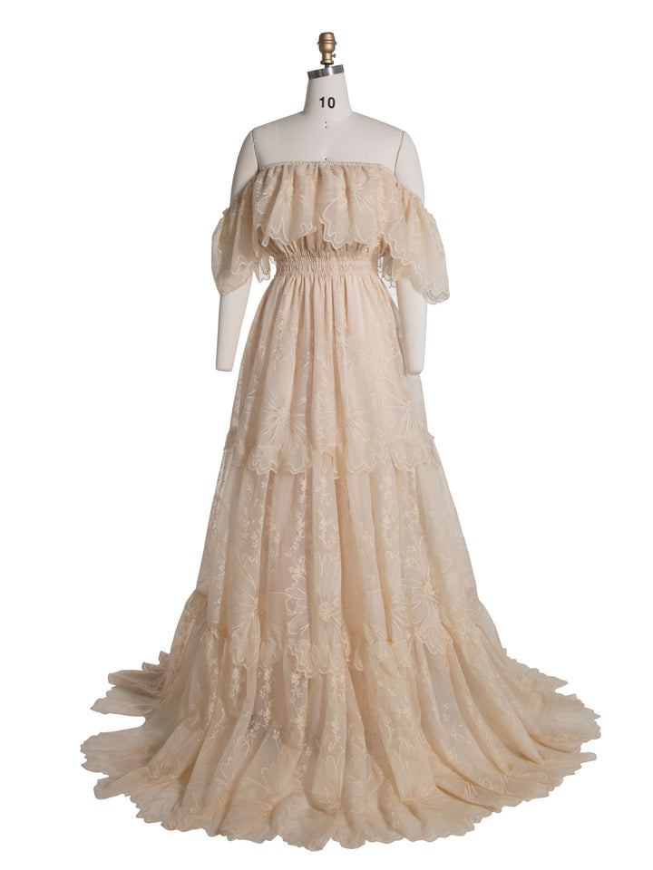 Elegantes schulterfreies Spitzen-Boho-Kleid, Fotoshooting-Kleid, böhmisches Umstandskleid, Babyparty, YW240067