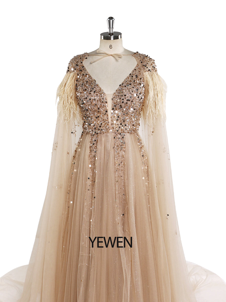 V-Ausschnitt Formelles Abendkleid Abnehmbarer Umhang Ärmellos Bodenlang Tüll mit Perlenbesatz Partykleid YEWEN 
