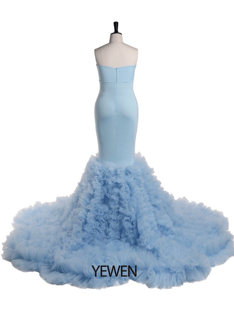 Trägerloses babyblaues Meerjungfrauen-Umstandskleid für Fotoshootings, Fotografie-Kleid für Babyparty YW21018 