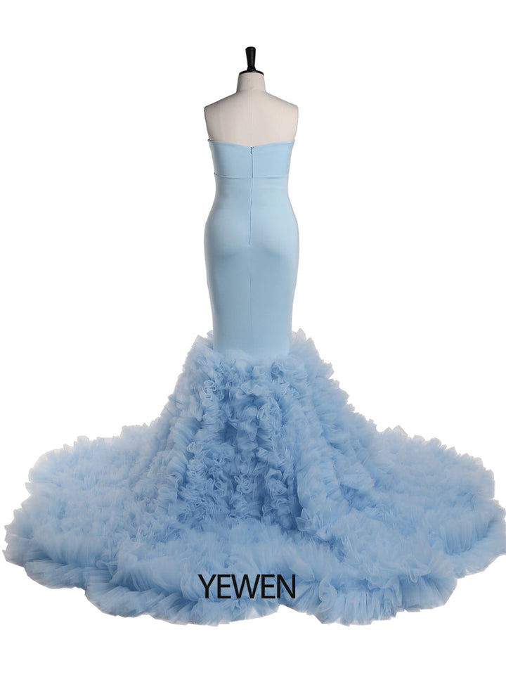Trägerloses babyblaues Meerjungfrauen-Umstandskleid für Fotoshootings, Fotografie-Kleid für Babyparty YW21018 