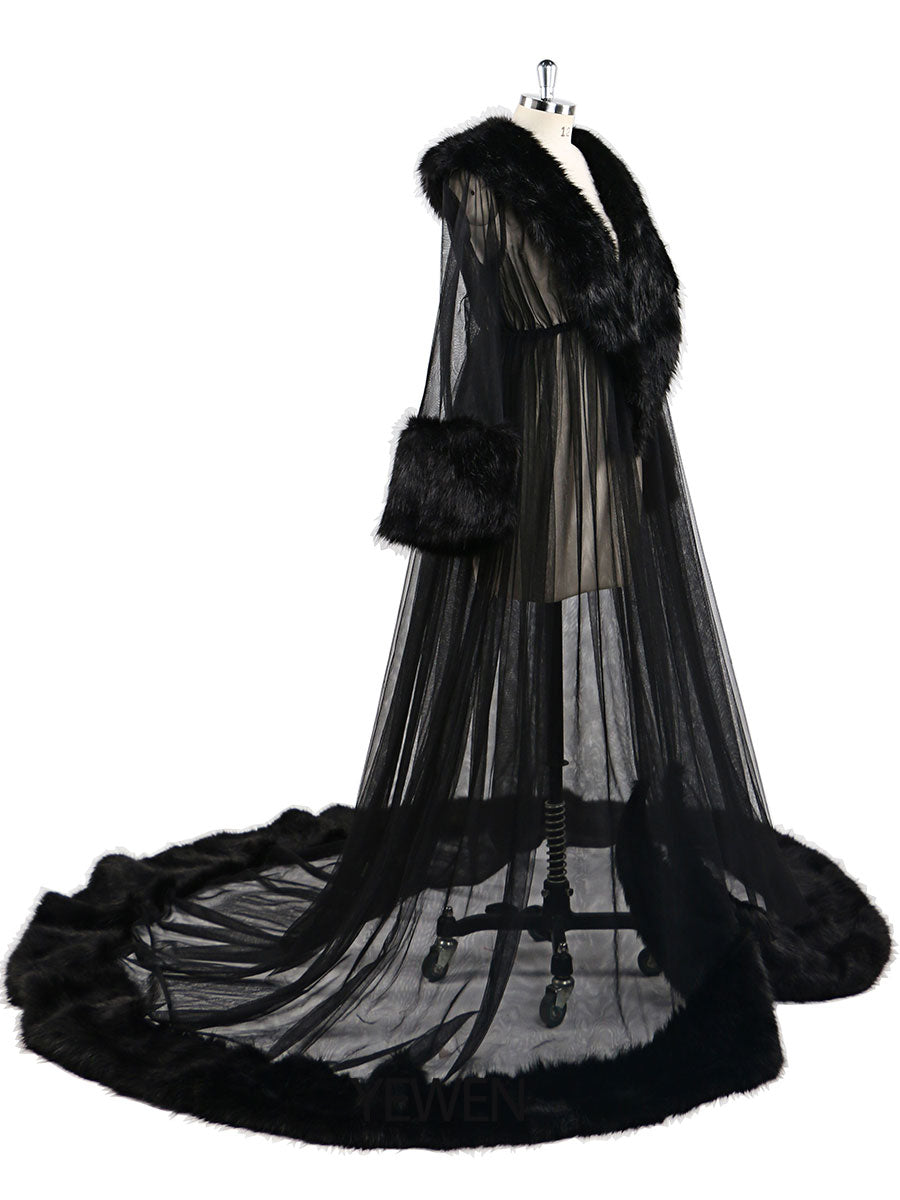 Schwarzes Pelz V-Ausschnitt Langes Umstandskleid für Fotoshooting Fotografie Schwangere Abendkleid 