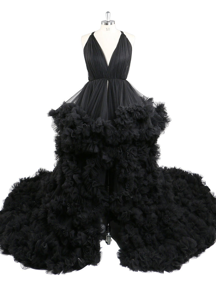 Schwarzes Umstands-Fotoshooting-Kleid mit V-Ausschnitt, gekreuzte Schnürung am Rücken, Babyparty-Kleid, Robe für Fotoshooting, YW220516 