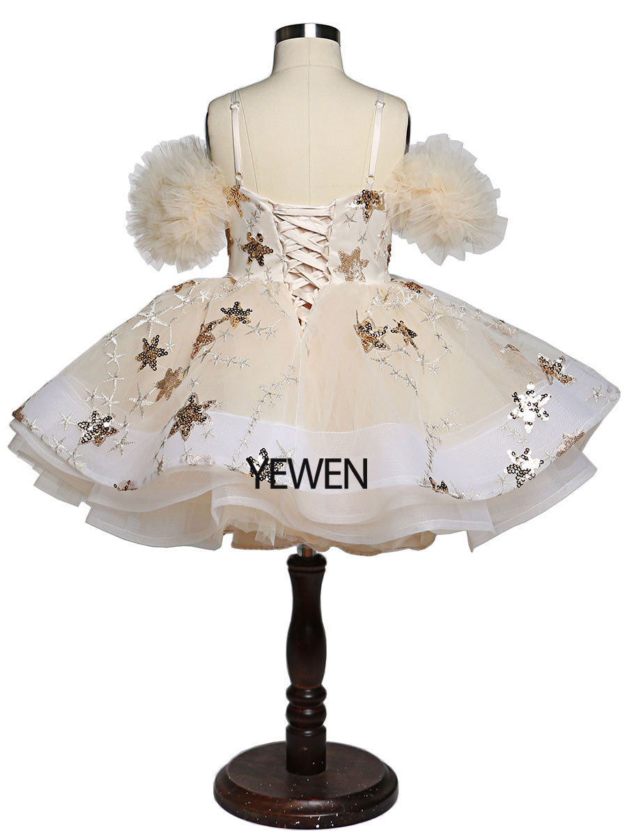 Champagner Stern Tüll Blumenmädchen Partykleider für Hochzeiten Geburtstag Kinder Prinzessin Fotoshooting Kleid Tutu Kleid YEWEN YW21015 