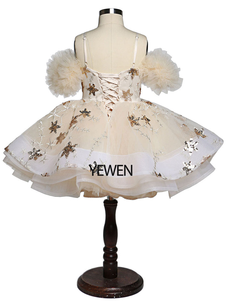 Champagner Stern Tüll Blumenmädchen Partykleider für Hochzeiten Geburtstag Kinder Prinzessin Fotoshooting Kleid Tutu Kleid YEWEN YW21015 