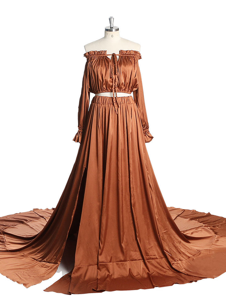 Weiches schulterfreies Satin-Umstands-/Nicht-Umstandskleid für Fotoshootings, Fotokleider mit Seitenschlitz, ausgefallene Foto-Requisiten, YEWEN YD21801-1