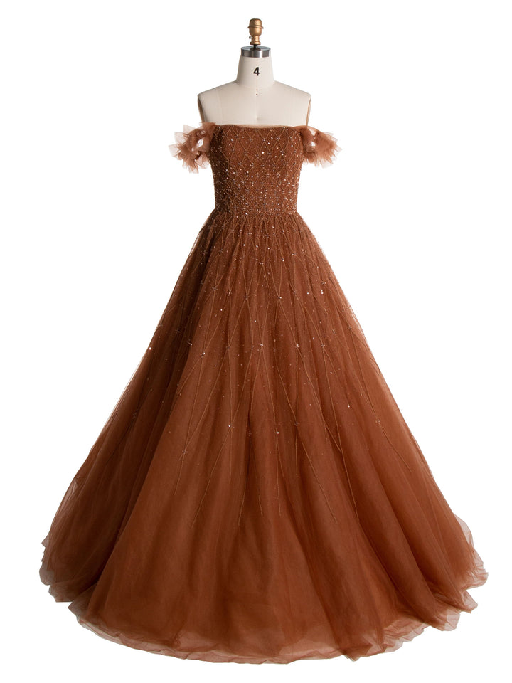 Dunkel Champagner A-Linie trägerloses Luxus Abendkleid mit Perlenbesatz YE2555 