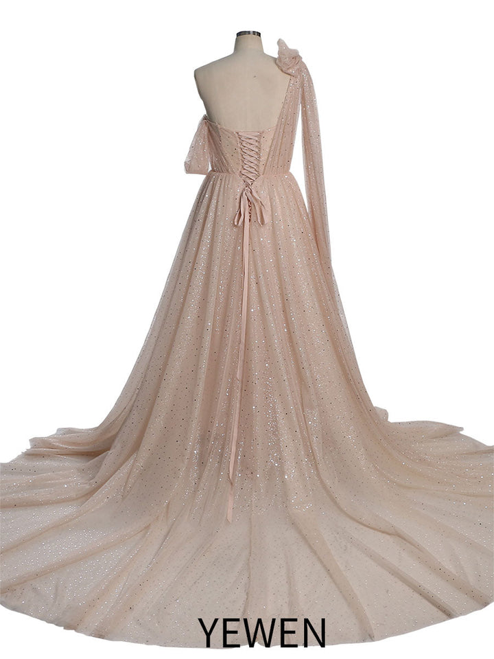 Glitzerndes Tüllkleid mit Sternenhimmel-Fotografie-Kleid, modisches Glitzer-Mesh-Designer-Ballkleid, lang, YEWEN YW010 