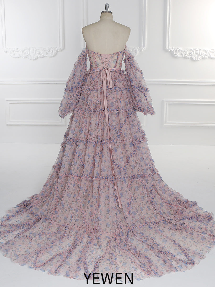Elegant Floral Tulle Maxi Dress with Sleeves , Woman Photoshoot Dress
