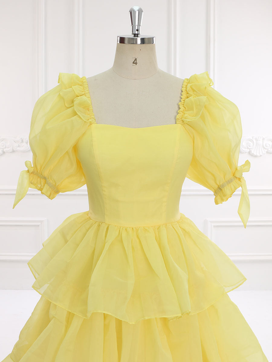 Gelbes Ballkleid mit Rüschen, Abendkleid, Partykleid, Fotoshooting-Kleid, Outfits YW231128 