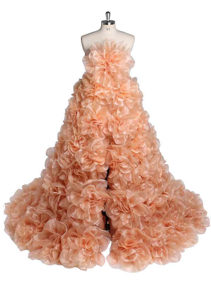 Trägerloses Organza-Umstandskleid mit 3D-Blumen für Fotoshootings, Babyparty, Fotografie-Kleider YW220308 