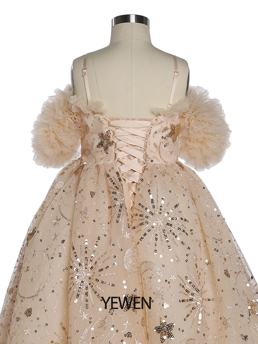 Sparkle Star Tüll Blumenmädchenkleider für Hochzeiten Geburtstagsfeiern Prinzessin Kinder Fotoshooting Kleid YEWEN YW21013 