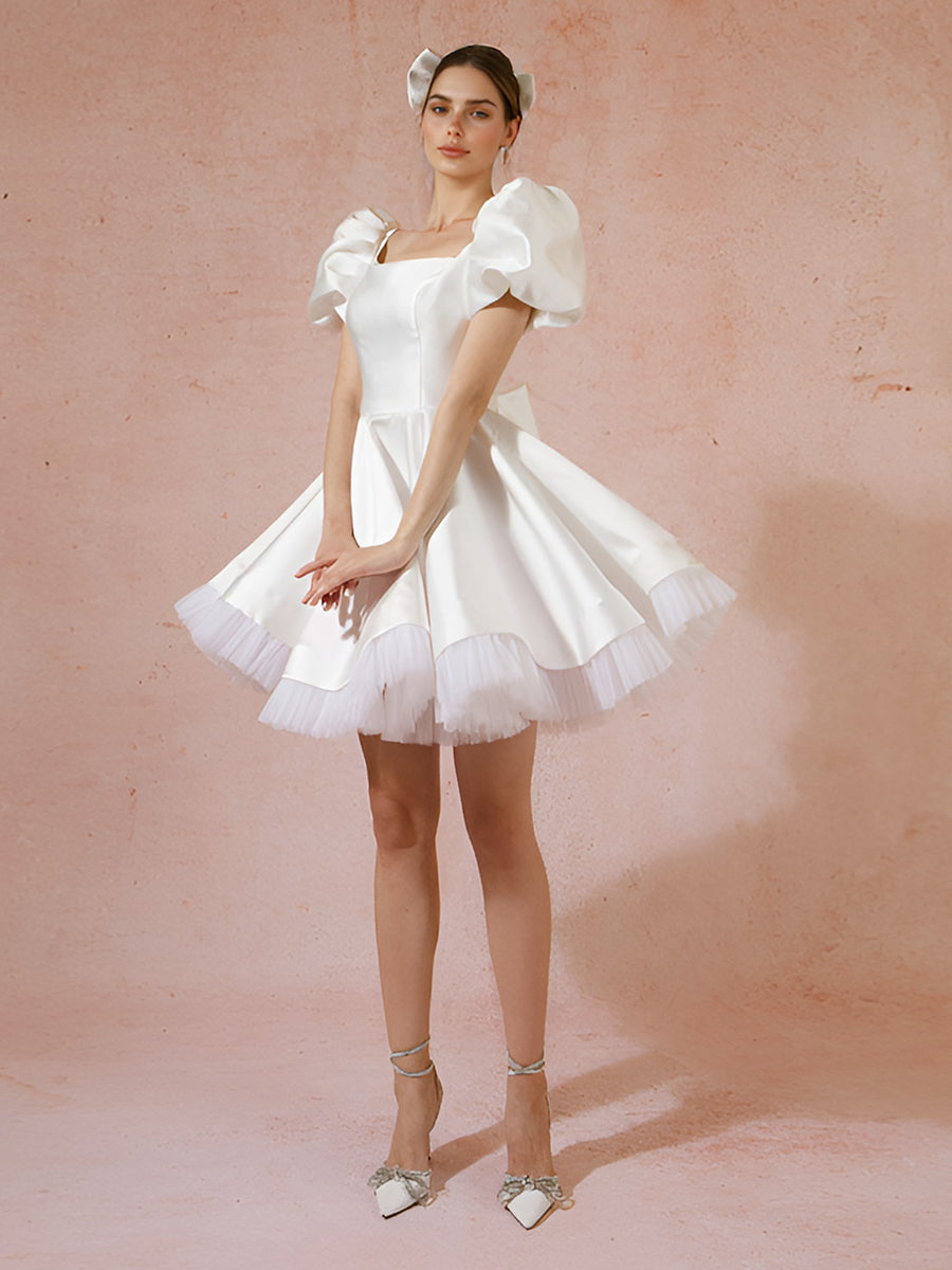 Kurzärmliges Satin-Cocktailparty-Heimkehrkleid, Mini-Brautjungfernkleid mit Schleife 