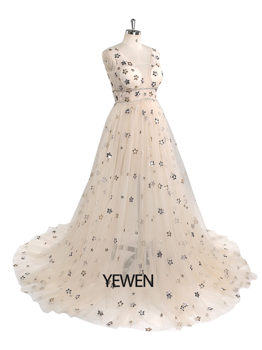 Tüll-Ballkleid, Champagner, Stern, V-Ausschnitt, Fotografie-Kleid 