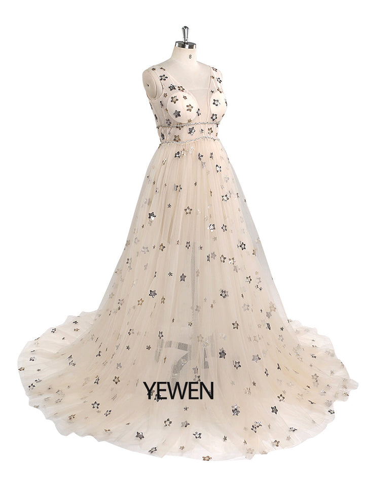 Tüll-Ballkleid, Champagner, Stern, V-Ausschnitt, Fotografie-Kleid 