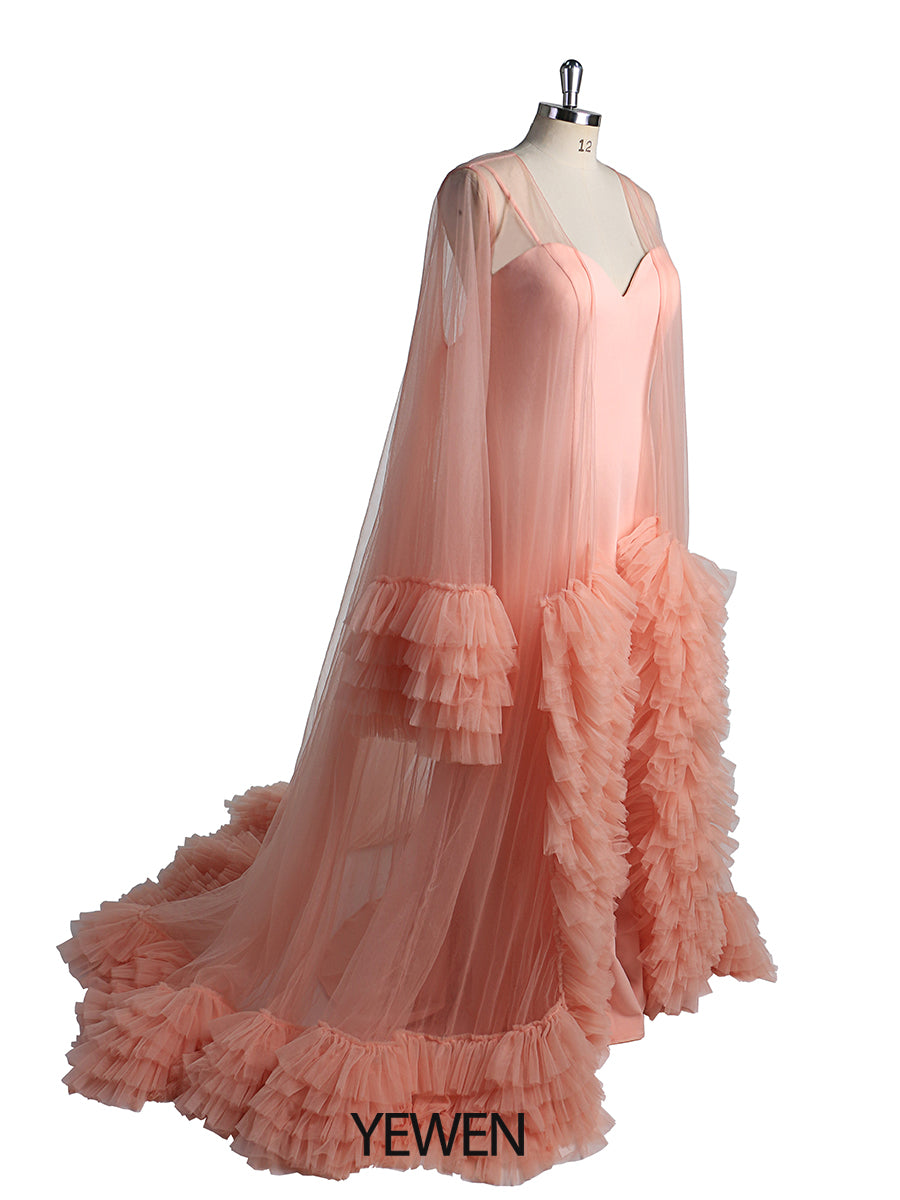 Lachsfarbenes Abendkleid mit langem Umhang, Foto-Shooting, Foto-Requisiten, Fotografie-Kleid, Vestidos de Fiesta de Noche 