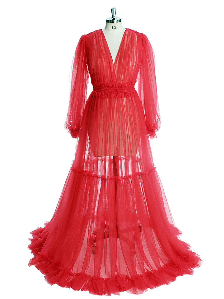 Durchsichtiges, langärmeliges Kleid aus weichem Tüll für Damen, Maxi-Kleid für Fotoshootings, YW231005 