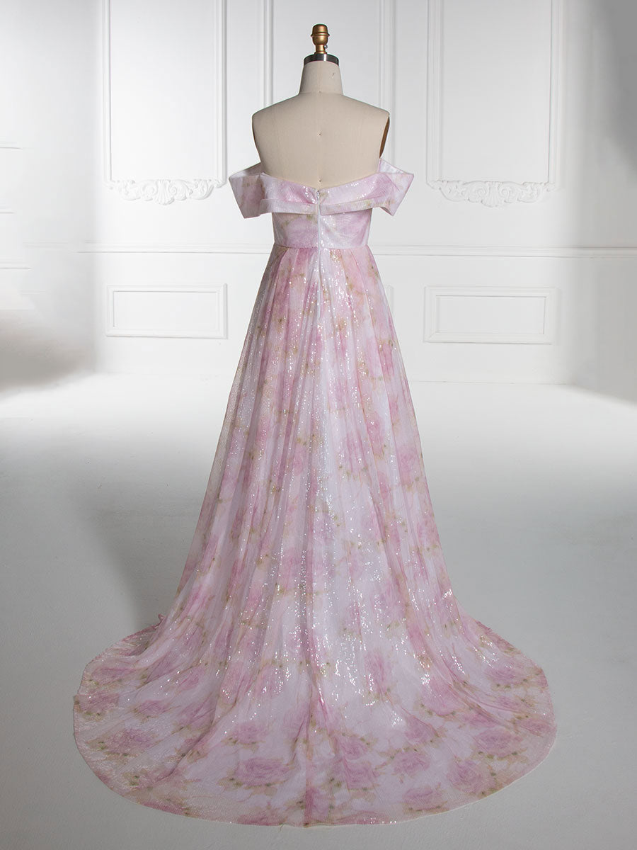 Elegantes A-Linien-Ballkleid mit schulterfreiem, rosafarbenem Print YE3019 